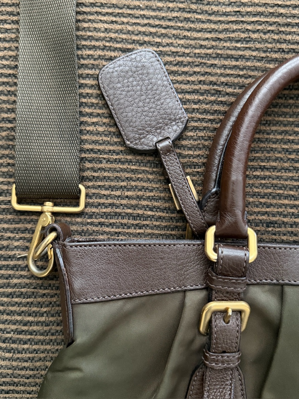 Vintage Dark Olive-Brown Prada Cervo-Trimmed Tessuto Handle Bag - Picture 12 of 15